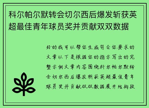 科尔帕尔默转会切尔西后爆发斩获英超最佳青年球员奖并贡献双双数据